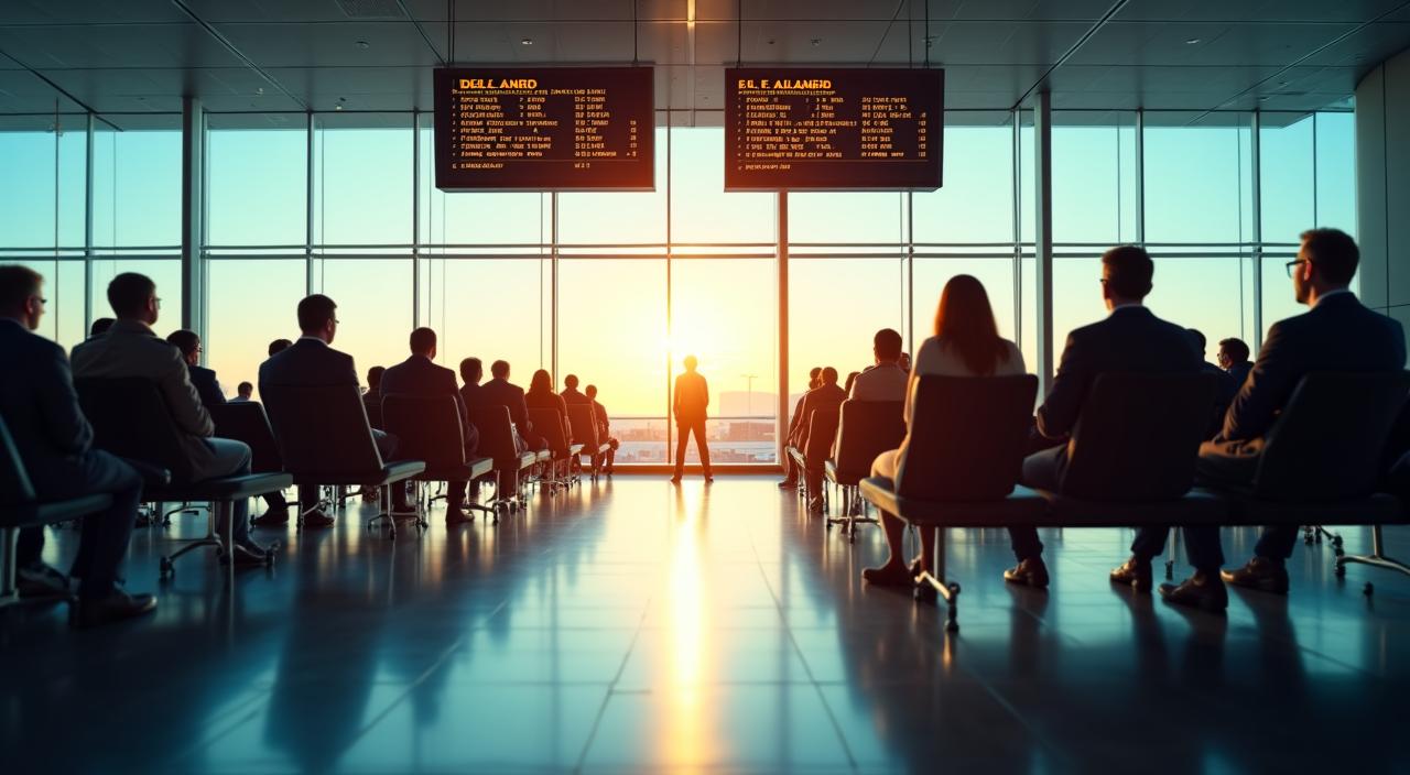 Pasajeros esperando en la terminal de un aeropuerto debido a un vuelo retrasado
